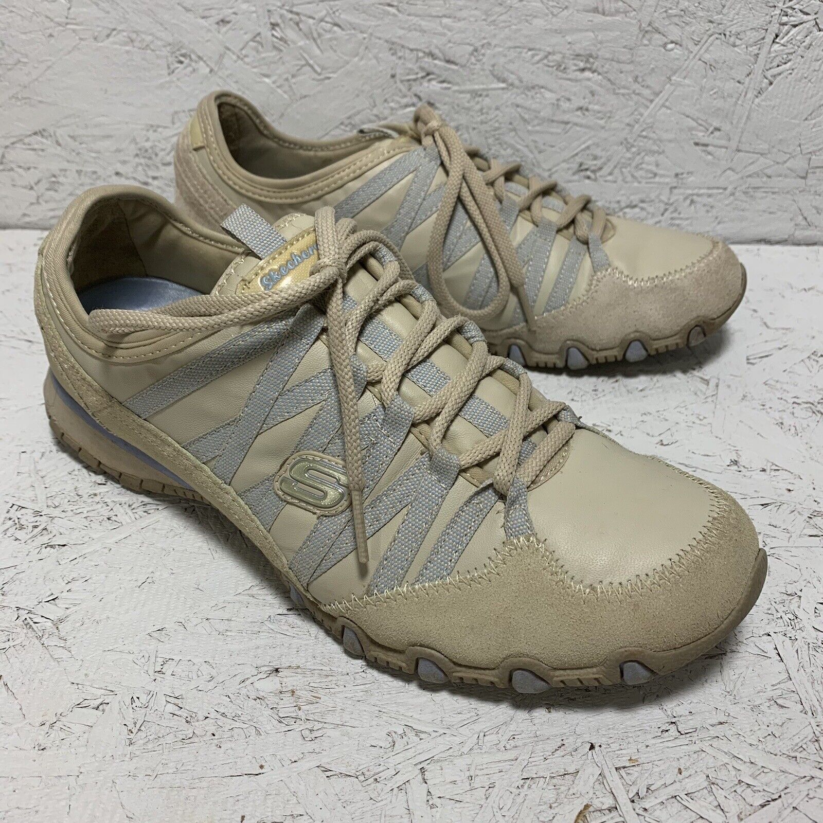 Skechers Women's Brown Tan Blue Leather Lace Up Sneakers Running Shoes Sz 8.5